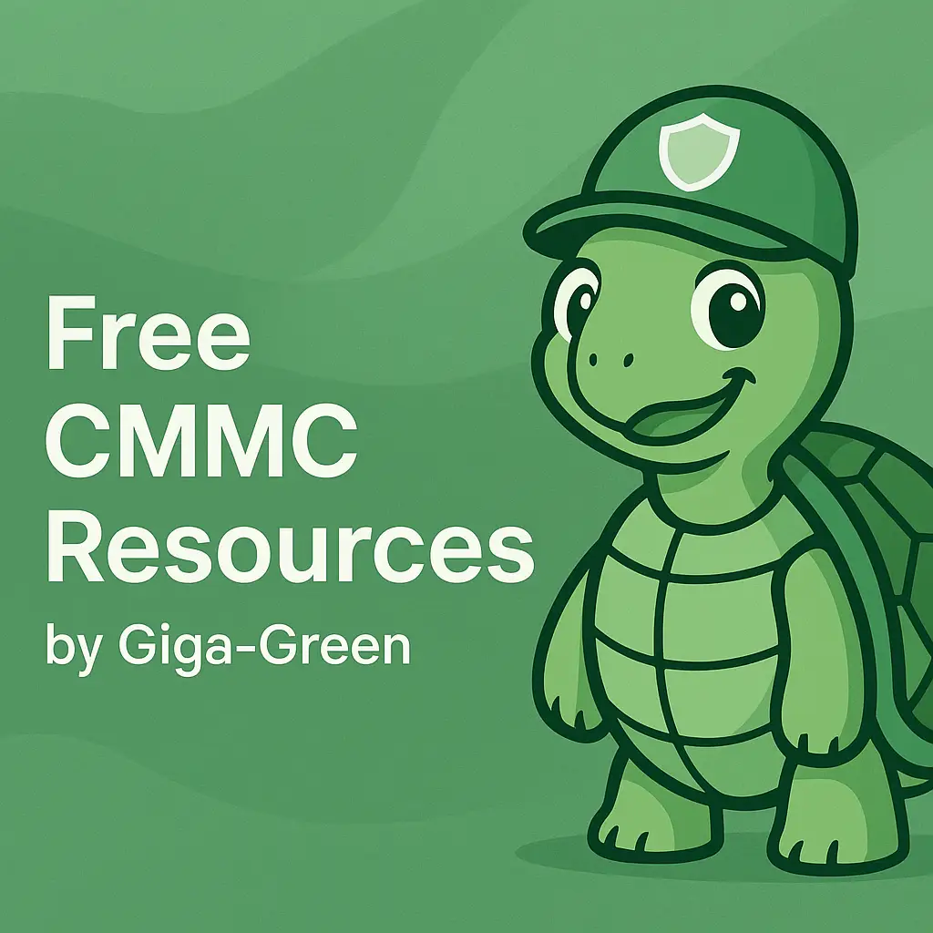 Create a website banner image for Free CMMC Resources by GigaGreen Incorporate a cartoon turtle | Giga Green Free CMMC Compliance Resources Free CMMC Tools Free CMMC Templates